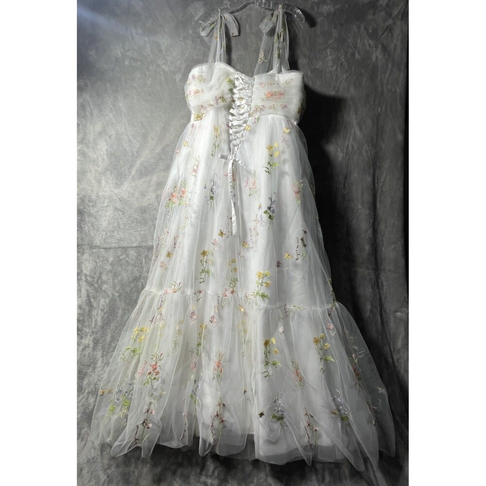 White Multicolor Floral Embroidered Tulle Satin Gown Dress Size 24W Sleeveless - Picture 2 of 13